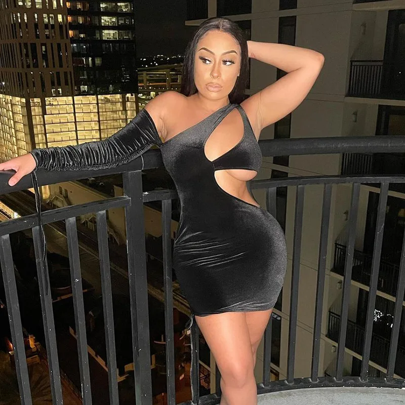 

HT175 Hot girl hollow out women dress one shoulder drawstring 2021 new arrival women casual dresses, Picture show