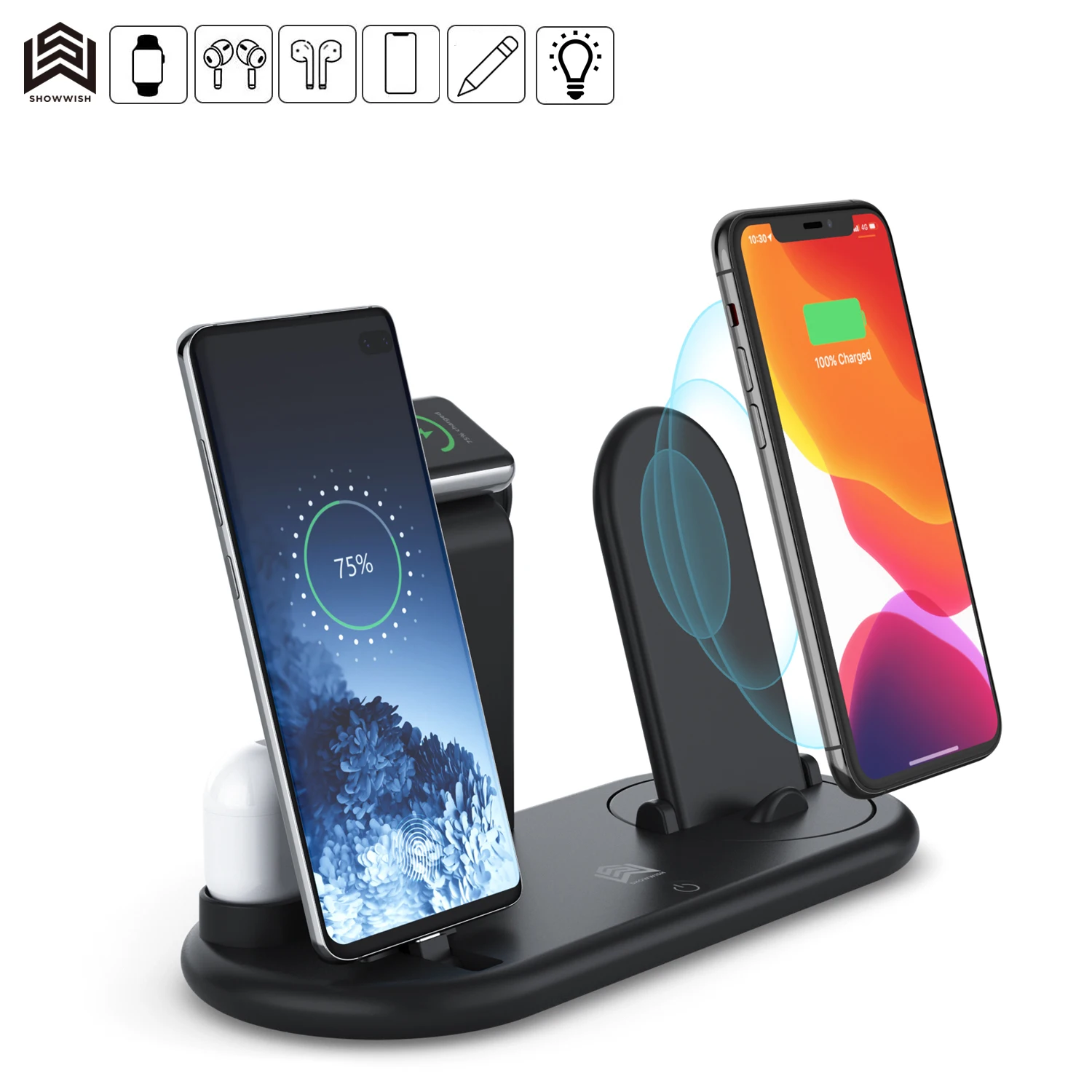

foldable 3 in 1 wireless charger portable phone holder 10w dock station qi certified stand Pad universal fast wireless charger, Black white