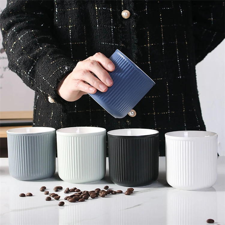 

Nordic style wholesale stripe cheap porcelain tea coffee mug without handle, White