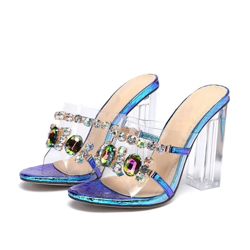 

B24723A New women shoes European and American large size women sandals transparent rhinestone slipper, Pink, blue