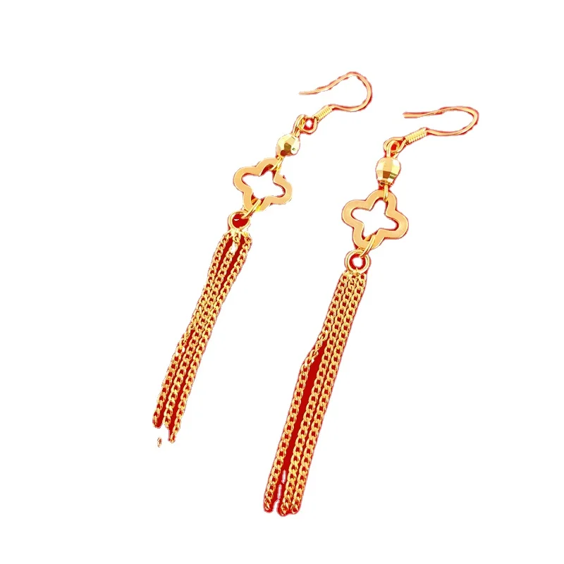 

Vietnam Sand Gold Copper-Plated 24K Gold Ear Wire Four-Leaf Clover Earrings Earrings Tassel Ear Hooks Long Wedding Jewelry