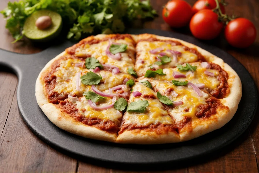 Chili pizza with melted cheese, red onions, and cilantro on a black pizza peel