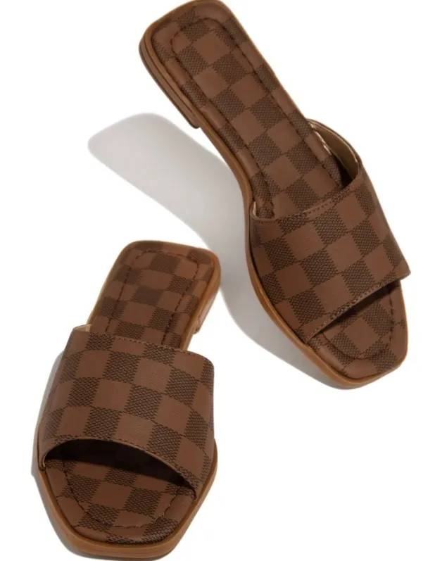 

S&P Sandals Slipper Fashion Checkered Leather Slide Slipper Ladies Slip on Flat Summer Casual Shoes, As pictures