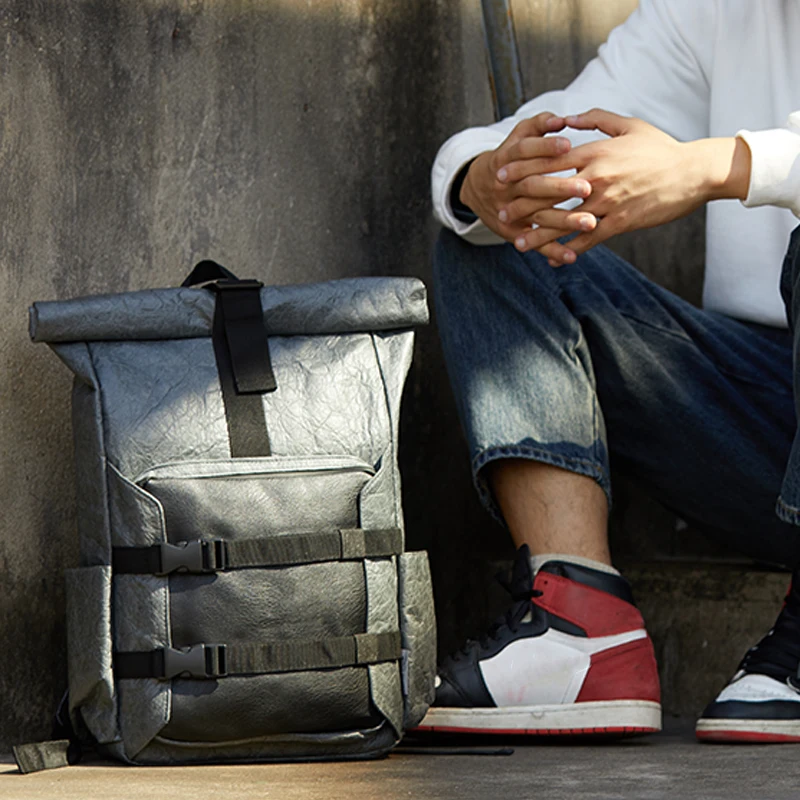 

Custom Men Roll-top Tyvek Bag Waterproof Backpack, Black, white, gray