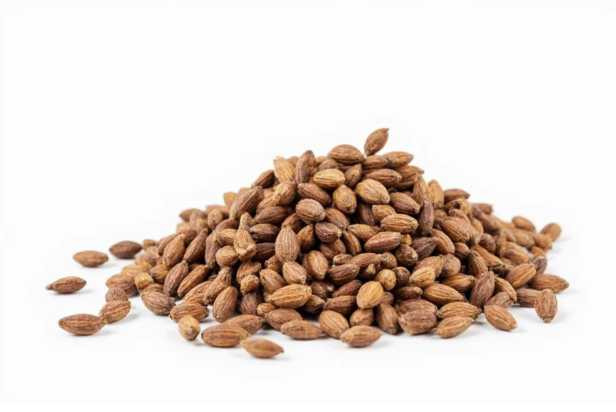 Close-up photograph of whole cumin seeds showing their distinctive crescent shape and brown color against a white background