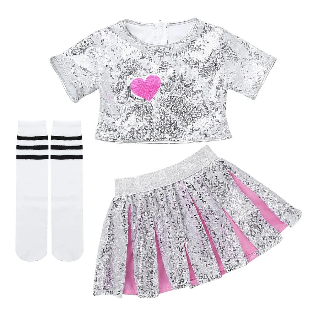 

Girls Jazz Hip Hop Modern Dance Costumes Cheerleading Children Outfit Sparkling Sequins Applique Crop Top With Skirt Socks Set