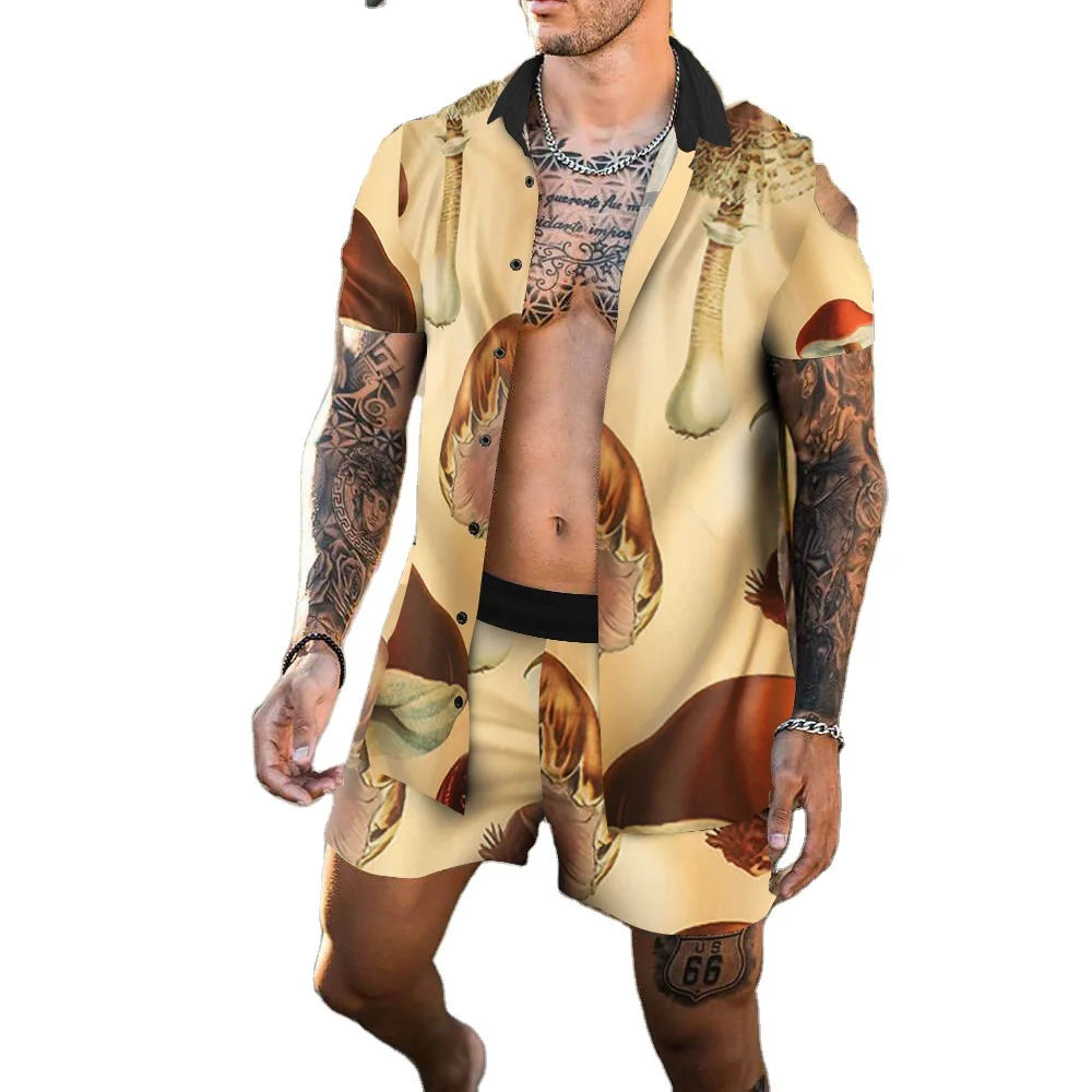 

Summer New Fashion Hawaii Men's Handsome Short Sleeve 3D Printing Holiday style Casual Breathable Two-Piece Shirt and Shorts