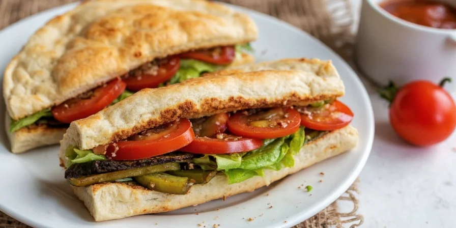 A colorful veggie pita sandwich bursting with ingredients
