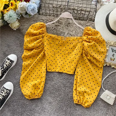 

A536 French Style Women Square Neck Vintage Puff Sleeve Polka Dot Crop Blouse Tops