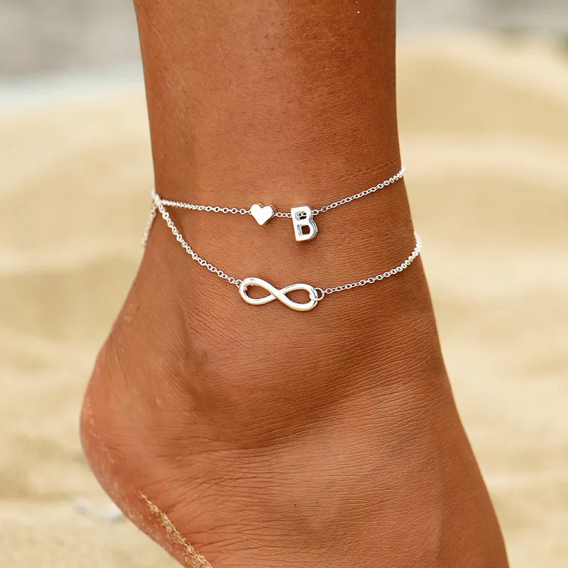 

Boho Initial Anklet Heart Infinity Silver Color Ankle Bracelet on Leg Chain 26 Letter Anklets For Women Ankle Beach Foot Jewelry, Multi-colors