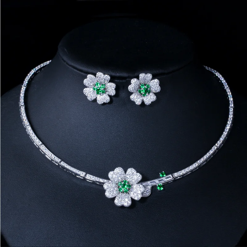 

High Quality Cubic Zirconia Flower Women Choker Necklace and Earrings Bridal Jewelry Set for Wedding Dress Accessories, White gold