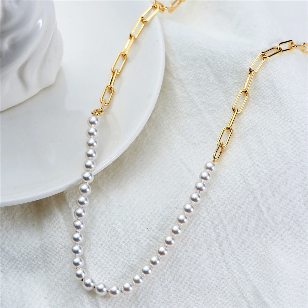 

Aimgal jewelry Chain pearl mix necklace contracted half chain half pearl necklace S925 silver collarbone chain for women