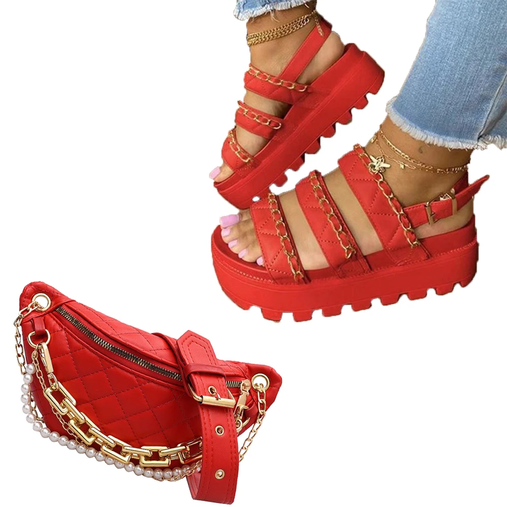 

Summer Hot set PU bag thick soled metal chain link large size small scented sandals women, Peacock