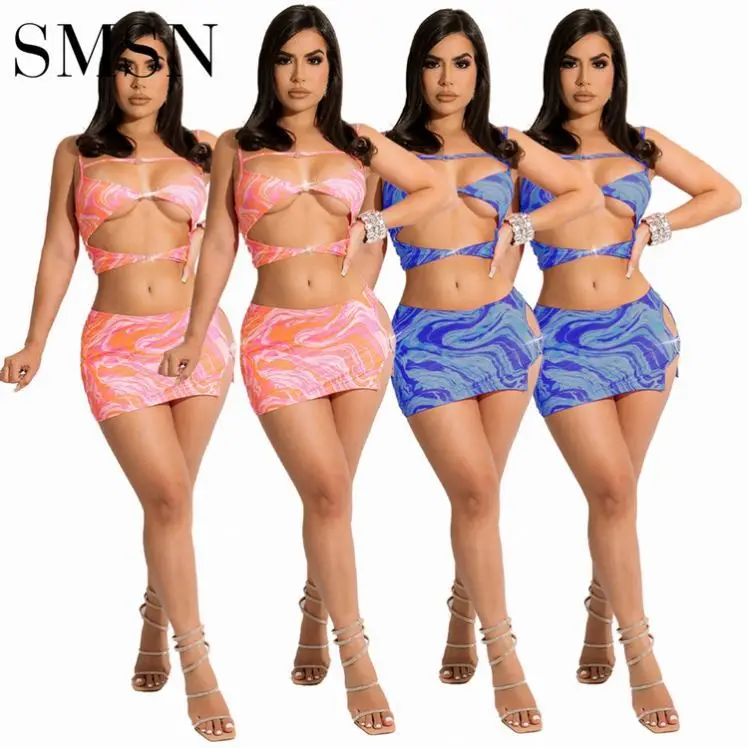 

Outfits Summer printed love diamond button sexy buttock skirt set two piece set women clothing