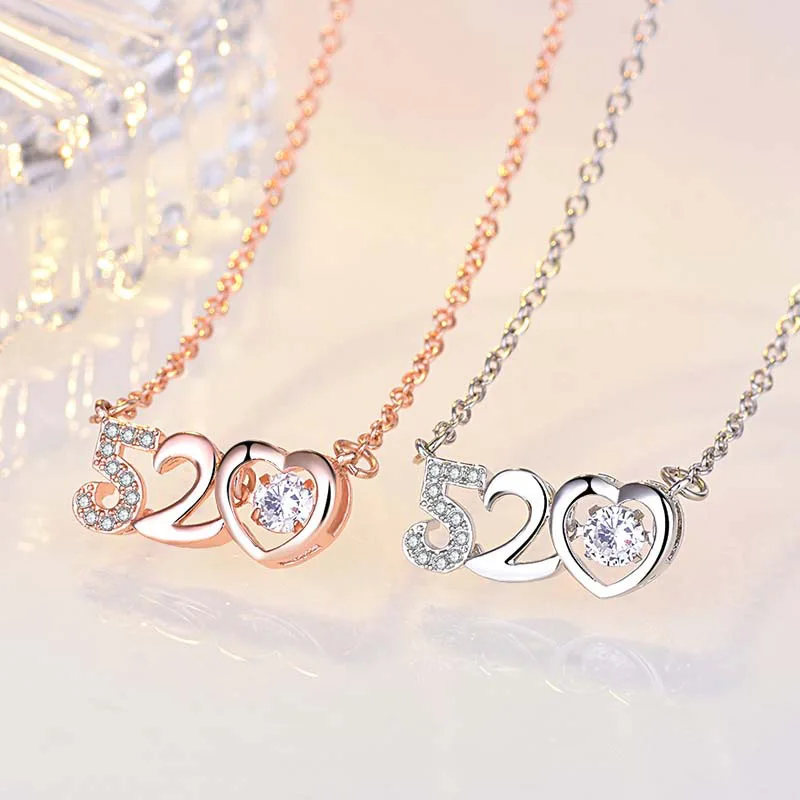 

Romantic Valentine's Day I Love You 520 Pendant Necklace Fashion Clavicle Chain Jewelry Diamond Beating Heart Necklace for Women, As picture