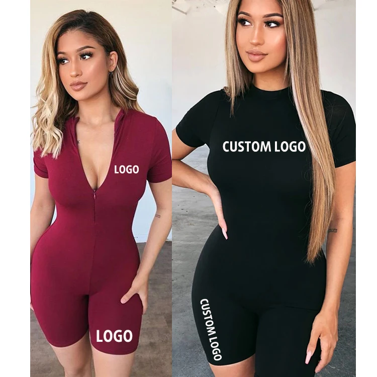 

Free Shipping Slim Cotton Clothing With Zippers Short Sleeve Tight Hip Up Short Sports Jumpsuits For Women Two Ways Wear