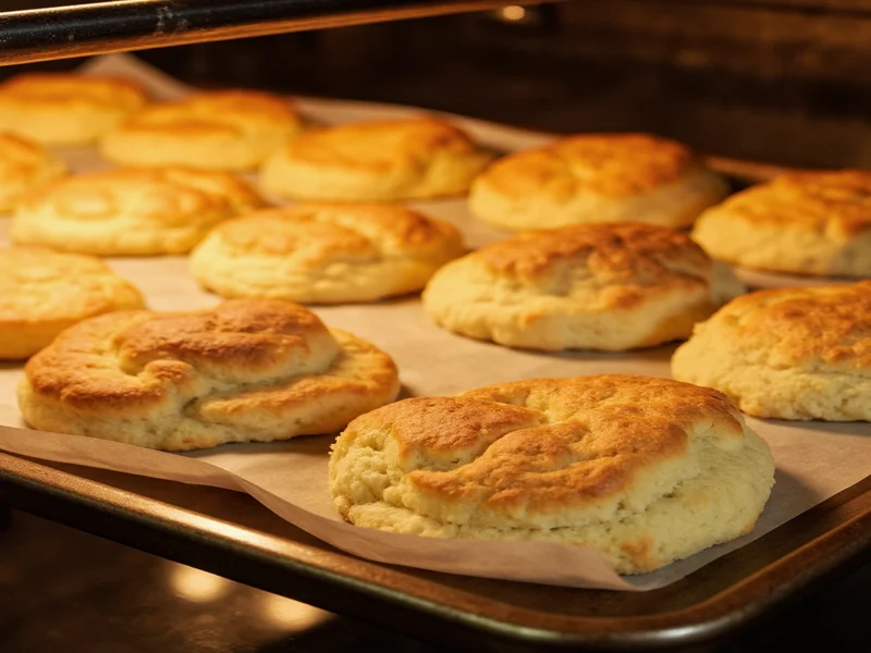 Golden homemade biscuits fresh from oven on baking sheet