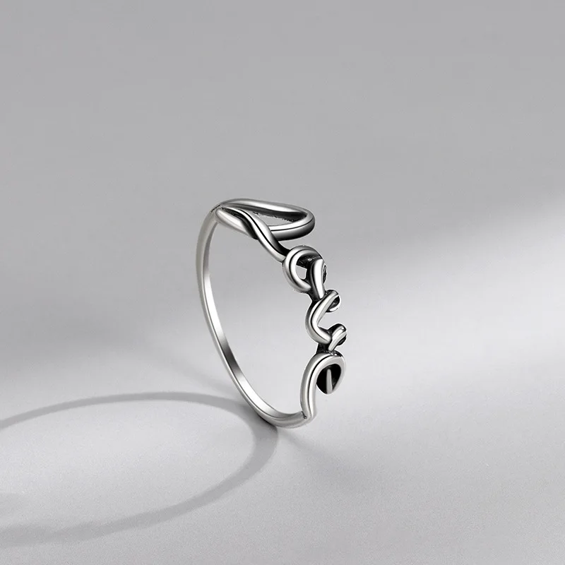 

S925 Sterling Silver Korean Edition Fashion niche retro LOVE letter Thai Silver Cool style vintage opening adjustable ring