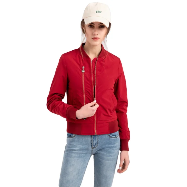 

2021 new womens solid-color bomber jacket womens zip-up embellished rib cuffs cotton jacket