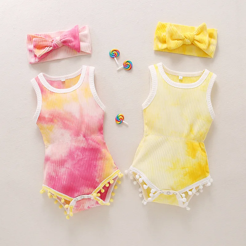 

Infant Tie Dye romper Girls Sleeveless tassel ball jumpsuit + bow headbands 2pcs/set Toddler Baby Clothing sets M382