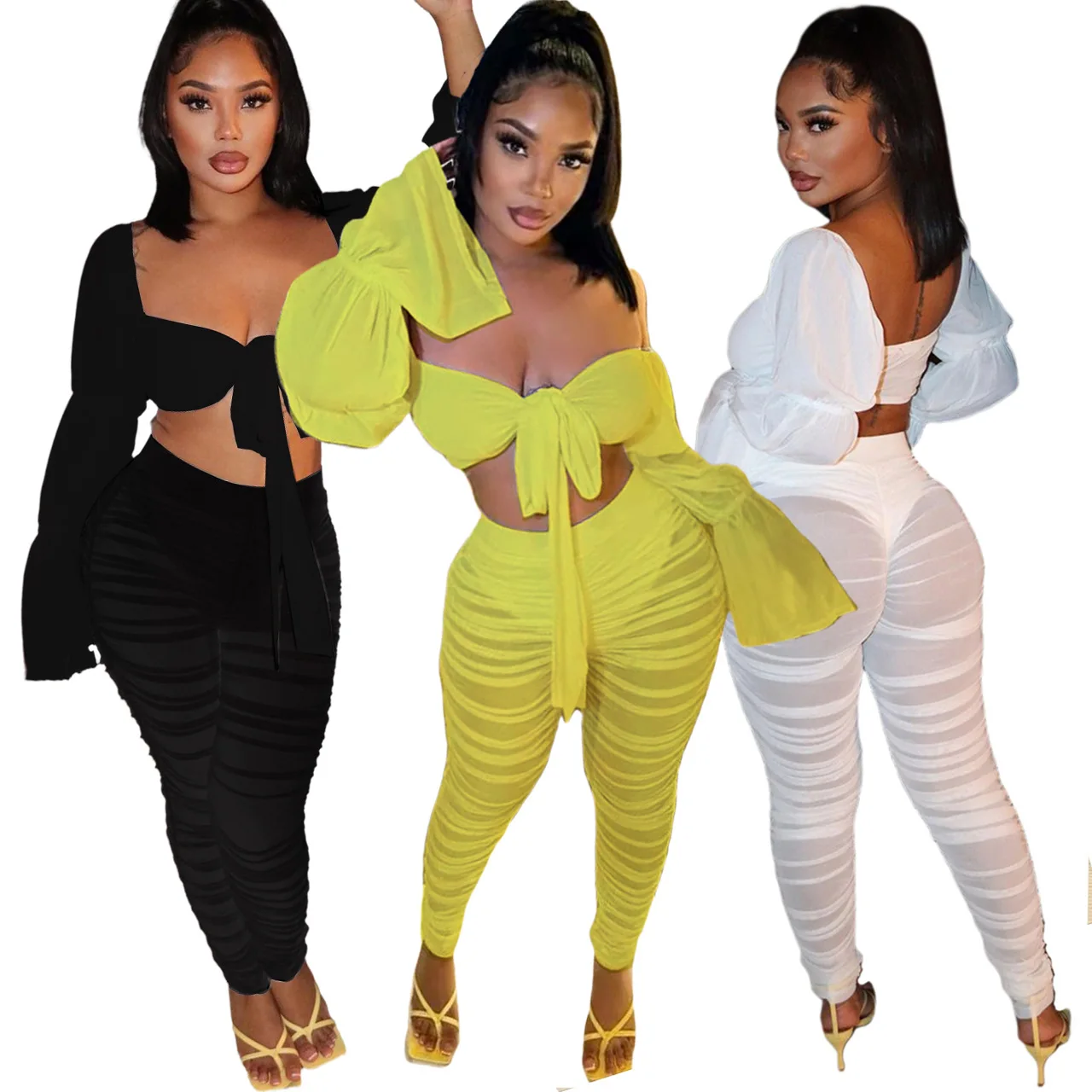 

FS6598D new arrivals women sweat suits sexy flare sleeve tops and Leggings mesh patchwork two piece sets clothing