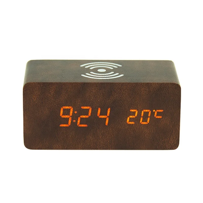 

Brown Mobile phone Qi Wireless charging wooden digital alarm clock with temperature, wireless charger