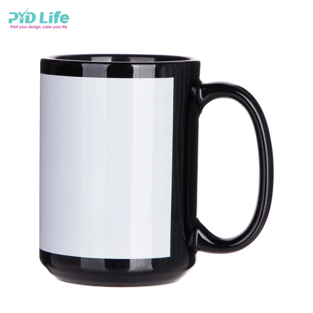 

PYD Life Wholesale Custom Logo 15 oz 450ml Black Sublimation Ceramic Camping Coffee Mug with White Patch