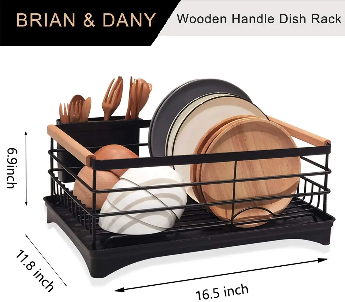 Modern Wood Handle Dish Drying Rack With Fullmesh Storage Basket