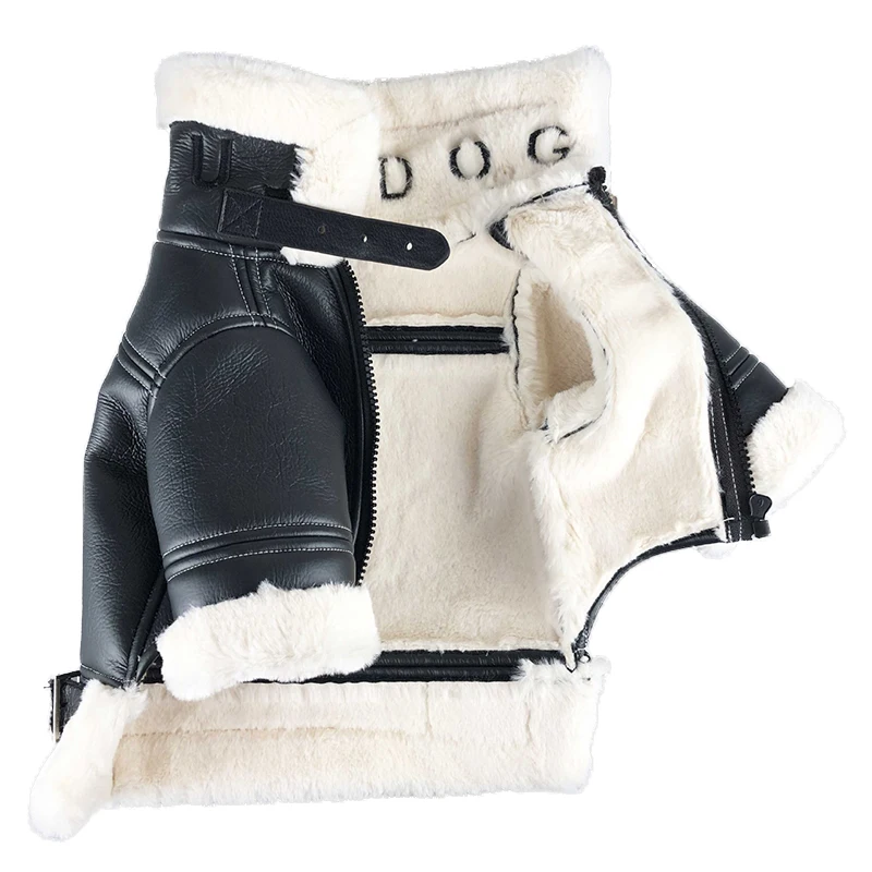 

Wholesale Warm Thicken Fur One Piece Pet Black Leather Coat Letter Leather Wear Dog Jacket