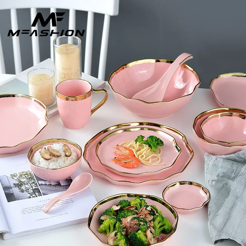 

Mfashion Nordic porcelain Ceramic Tableware gold rim Plate Mug Noodle Soup Rice ramen Bowl plates sets dinnerware ceramic, Pink