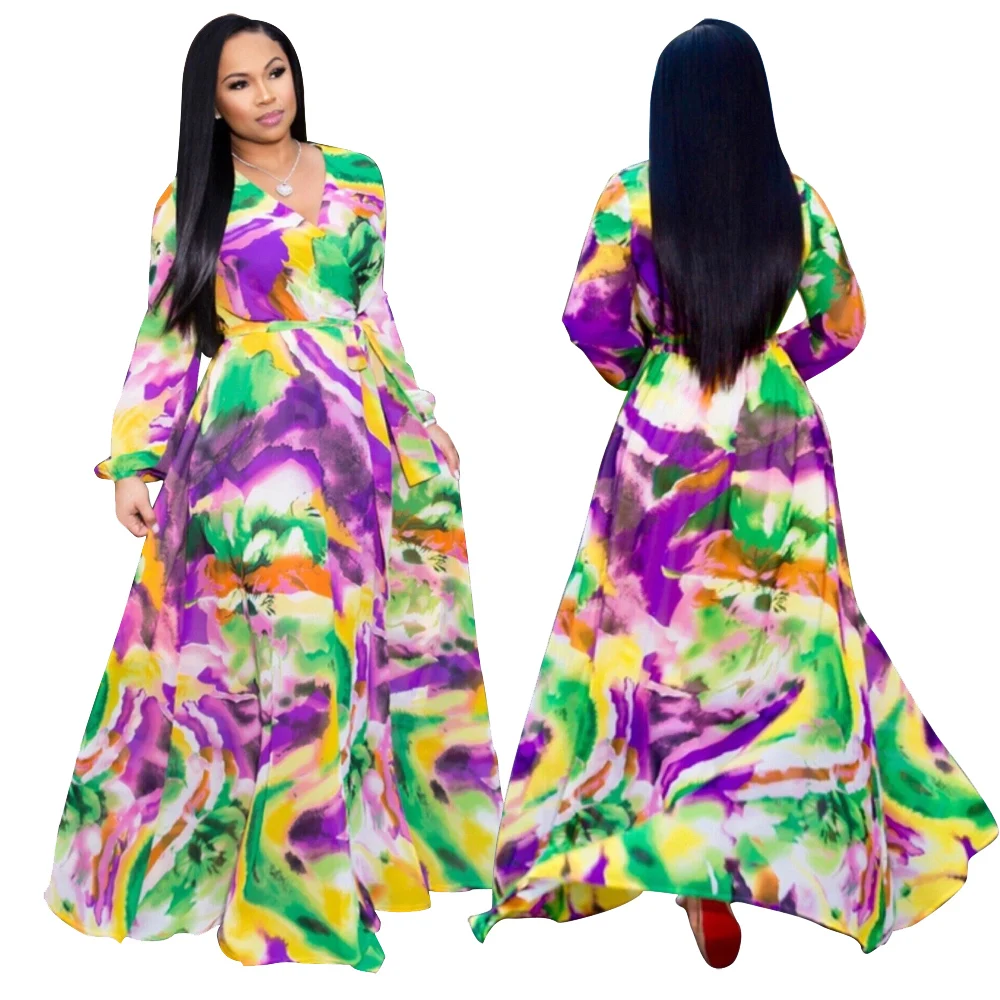 

fashion printed flora deep V neck casual chiffon maxi dress with long sleeve
