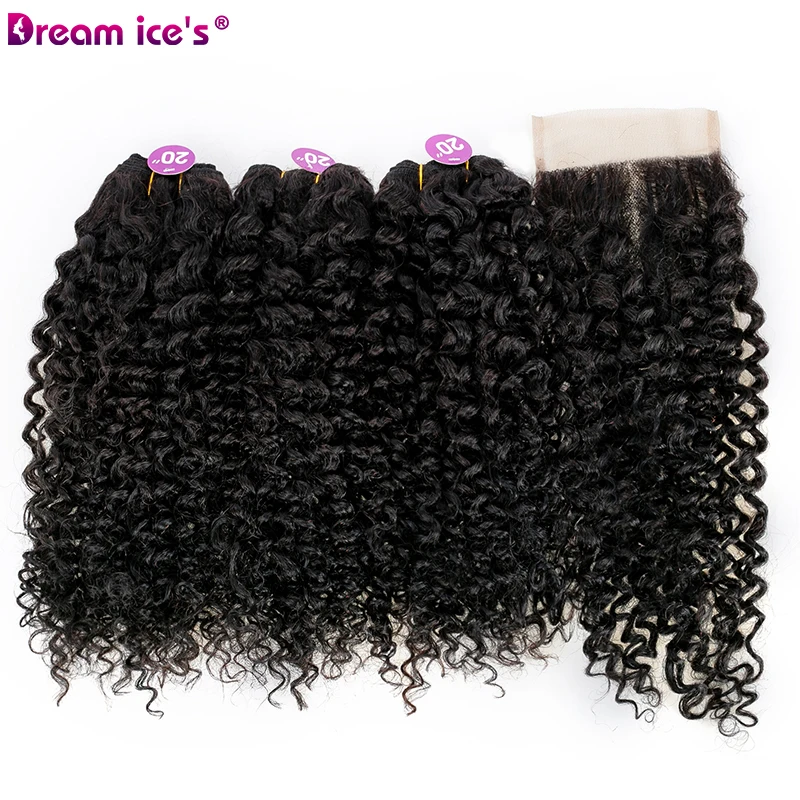 

Dream Ice's fast delivery cheap price good quality wholesale 3pcs with lace closure curly human hair blend synthetic hair weft, #1b