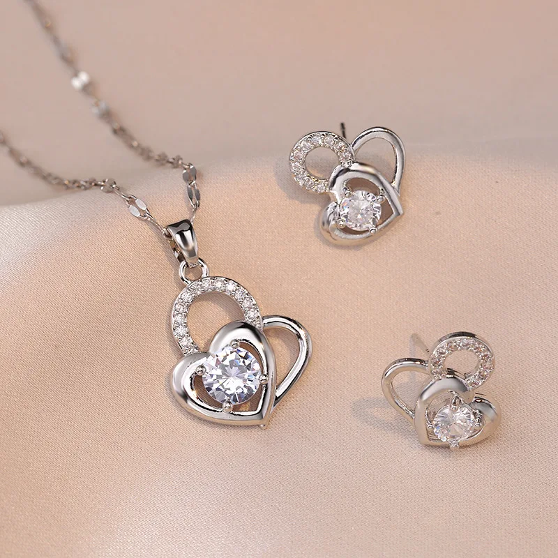 

Luxury Silver Diamond Zircon Heart Shaped Jewelry Set Stainless Steel Crystal Necklace and Earrings For Women