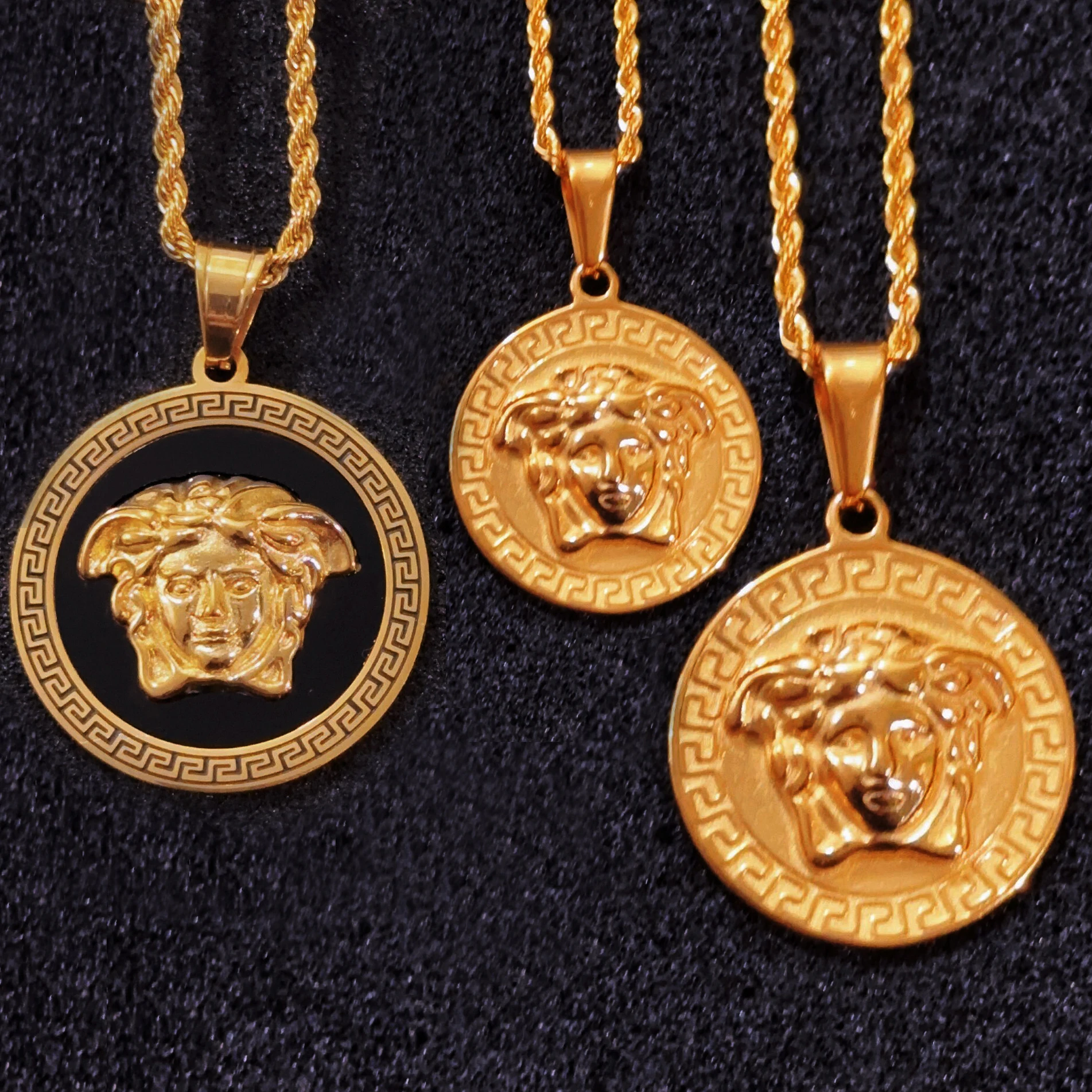 

18k Gold Plated Greek Coin Punk Roman Medusa Pendant Custom Stainless Steel Hips Hops Necklace Jewelry for Men