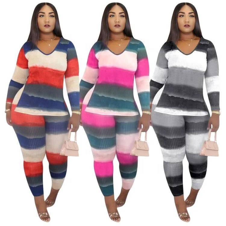 

AI88-6297 European and American fashion V-neck colorful stripes two-piece suit