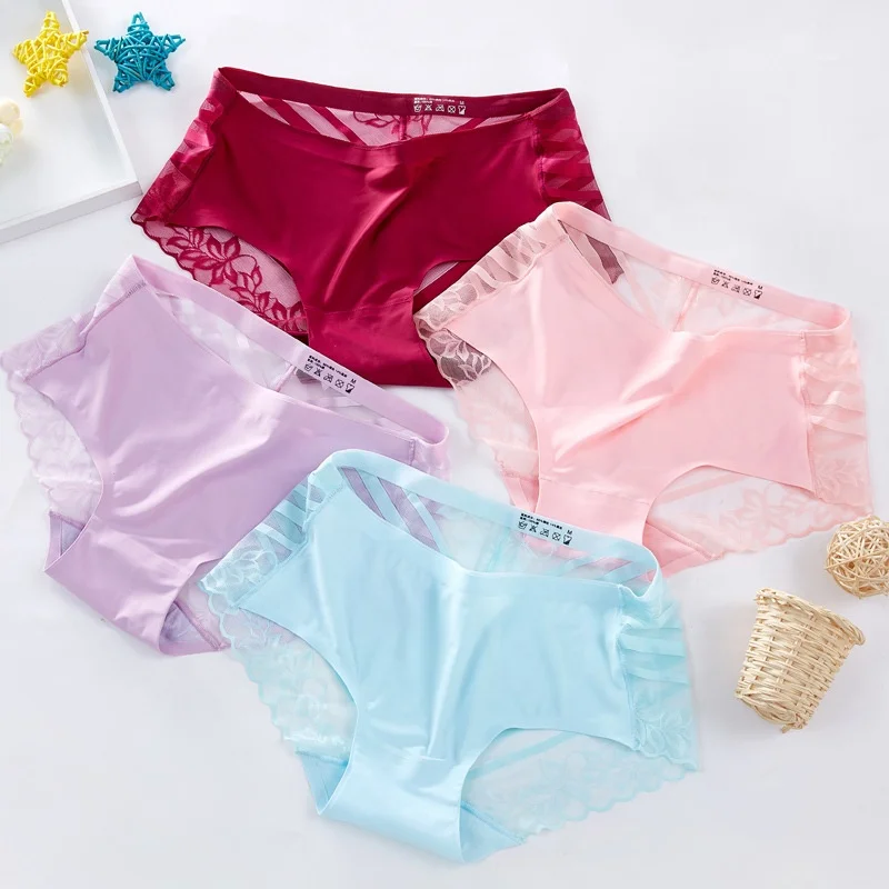 

1825 Floral Seamless One Piece Women Underwear Mid Waist Sexy Lace Transparent Ice Silk Briefs Panties, 8 colors: white, black, nude, pink, purple, blue, shrimp, wine red