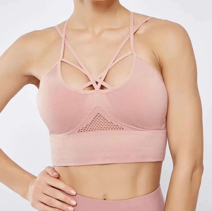 Seamless sports bra strap back jacquard hollowed-out sports underwear sexy high elastic yoga dress