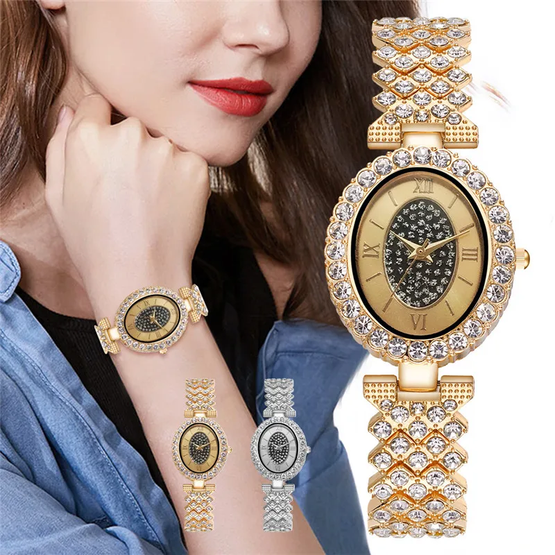 

WJ-10547 Roman Numerals Retro Classic Oval Full Diamond Gold Watches Women Quality Vintage Fashion Diamond Women Luxury Watch, Mix