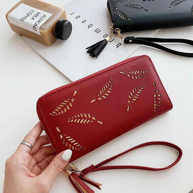 

Classic Women Wallets Purses Hollow-out Leaf Long Wallets For Girl Ladies, 5colors