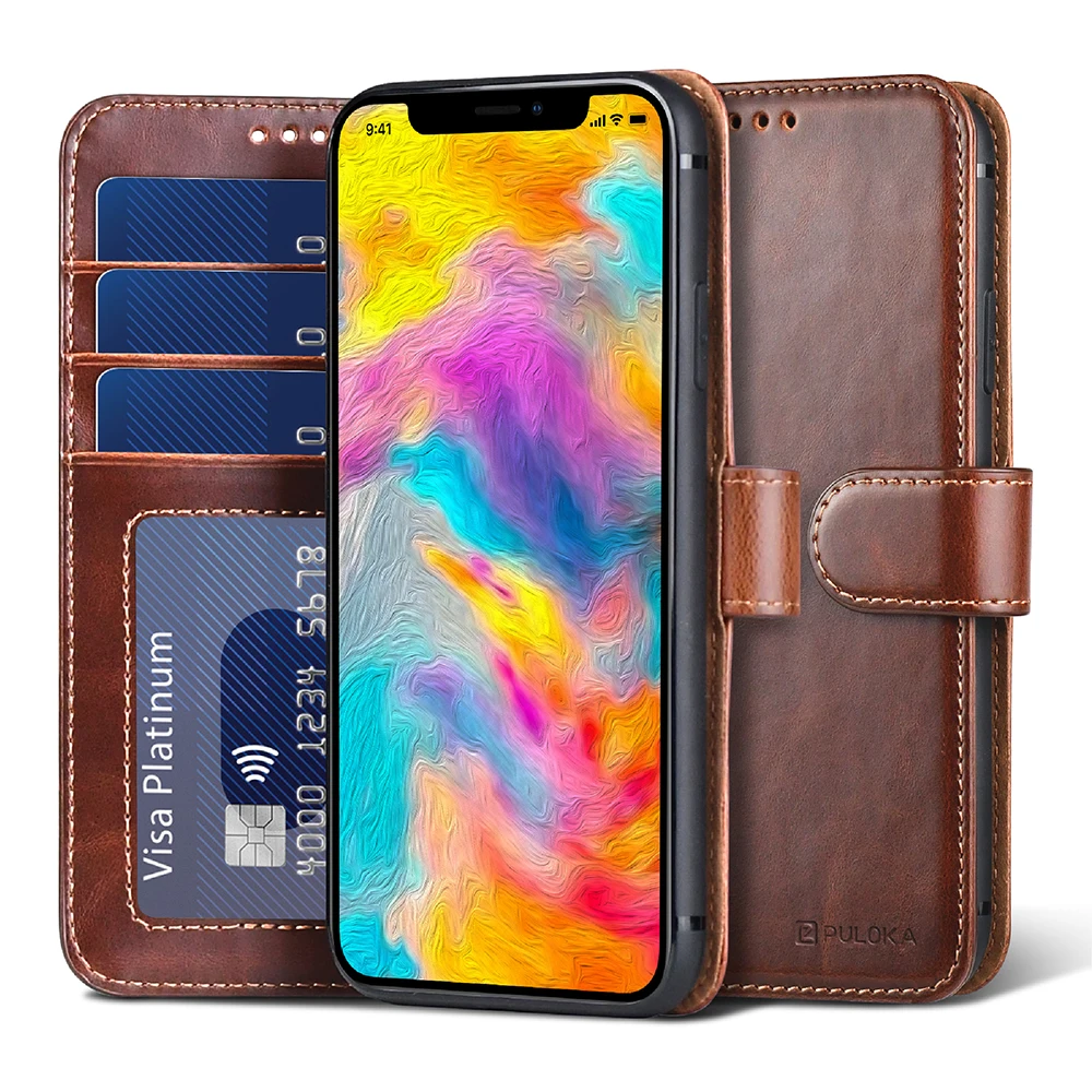 

Leather flip cover book case with card slots wallet cell phone bag magnet stand mobile case for Iphone12 Iphone12promax, Black and brown