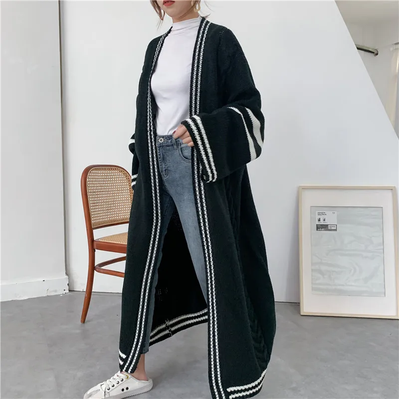 

2021 winter new women's long cardigan sweater loose stripe patchwork casual knit cardigan jacket winter clothing