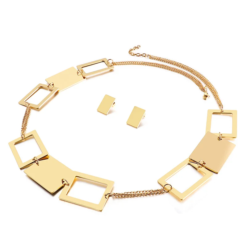 

New Design Fashion Stainless Steel Earring And Square Necklace Set Jewelry Women, Gold
