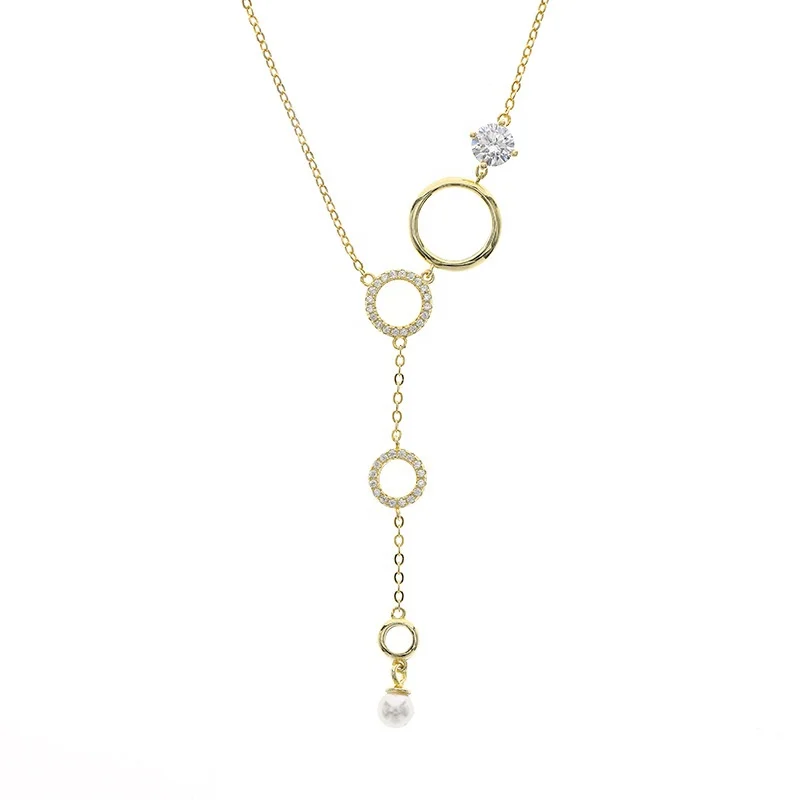 

Pearl Pendant Round Zircon Jewelry Plated 18K Yellow Gold 925 Sterling Silver Tassel Necklace