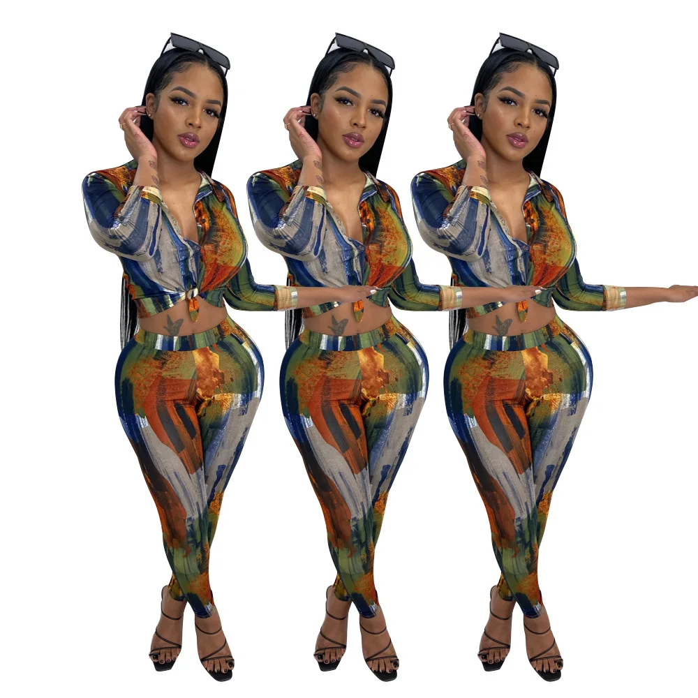 

Fashion casual shirt collar button tie-dye pants autumn and winter two-piece suit, 1 colors