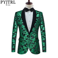 

PYJTRL Men Stylish Shawl Lapel Blazers Green Black Velvet Floral Sequins Suit Jacket Wedding Prom Stage Singers Slim Fit Costume