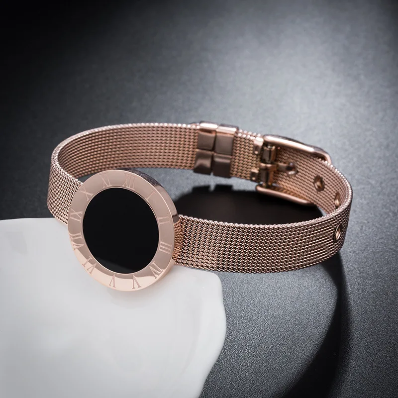 

Black Shell Stainless Steel Mesh Buckle Bangle For Women Jewelry Roman Numerals Rose Gold Bracelet Bangles (SK808), As picture