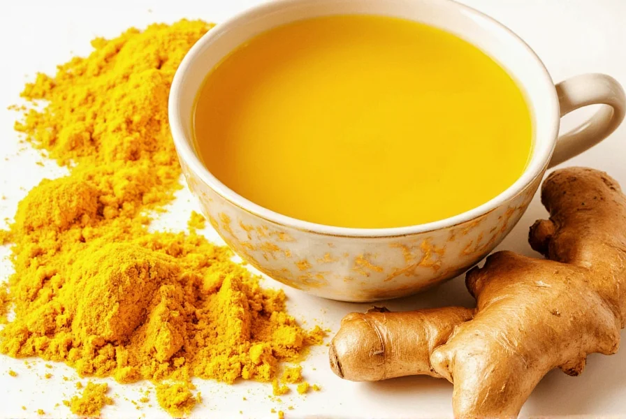 Golden ginger turmeric tea in a mug with lemon slice and fresh roots