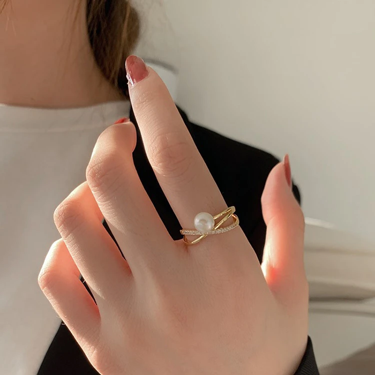 

Aimgal Jewelry stainless steel CZ alloy Zircon Opening round pearl ring women