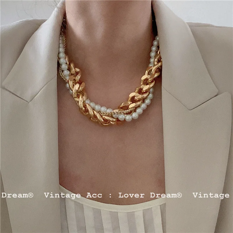 

Chunky Choker Necklaces Exaggerated Gold Multilayer Pearl Cuban Chain Necklace Triple Layered Twisted Beaded Pearl Necklace