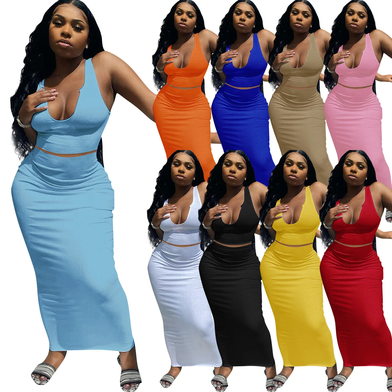 

Wholesale 2021 Summer Women Sexy Dress V-neck Vest Long Skirt Matching Set Sleeveless Rib Knitted Two Piece Bodycon Dress, White pink yellow orange red black sky-blue brown blue